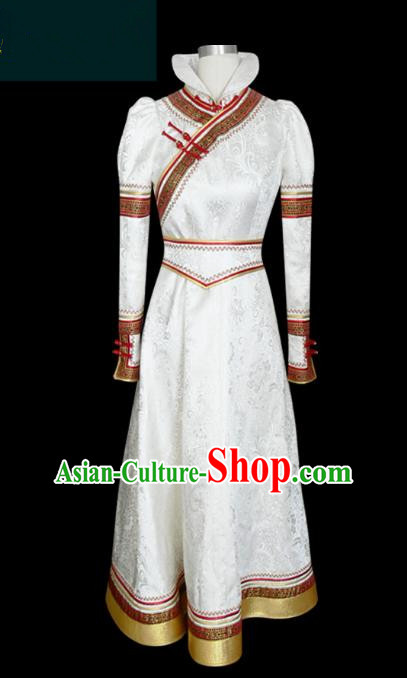 Traditional Chinese Mongol Nationality Dance Costume White Mongolian Robe, Chinese Mongolian Minority Nationality Young Lady Embroidery Dress for Women