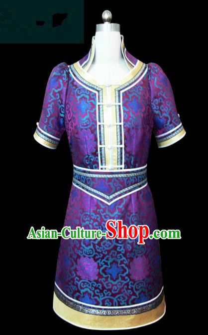 Traditional Chinese Mongol Nationality Dance Costume Purple Short Mongolian Robe, Chinese Mongolian Minority Nationality Young Lady Embroidery Dress for Women