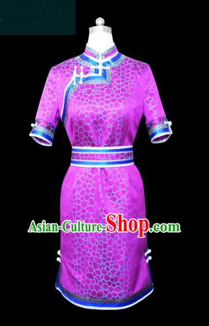 Traditional Chinese Mongol Nationality Dance Costume Purple Mongolian Robe, Chinese Mongolian Minority Nationality Young Lady Embroidery Dress for Women