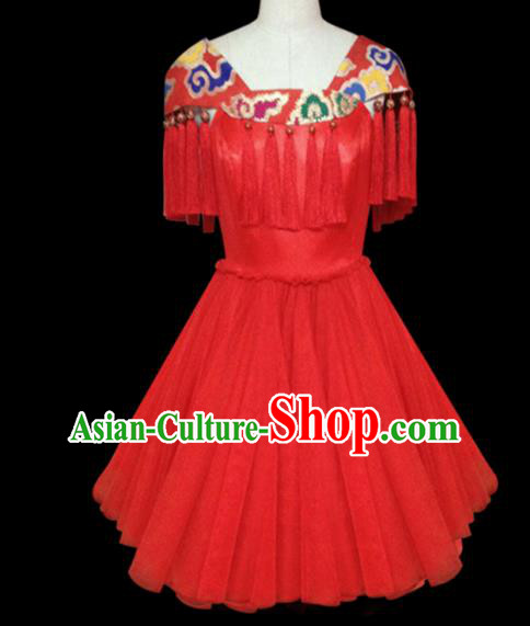 Traditional Chinese Modern Dancing Compere Performance Costume Chorus Singing Group Dance Wedding Red Short Dress for Women