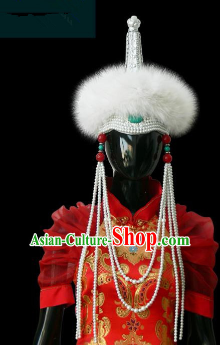 Traditional Chinese Mongol Nationality Princess White Wool Hat, Chinese Mongolian Minority Nationality Beads Tassel Headwear for Women