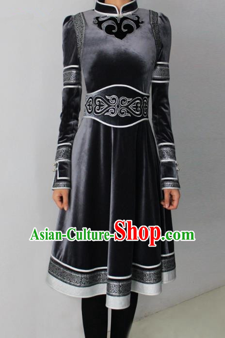 Traditional Chinese Mongol Nationality Dance Costume Black Pleuche Dress, Chinese Mongolian Minority Nationality Princess Mongolian Robe for Women