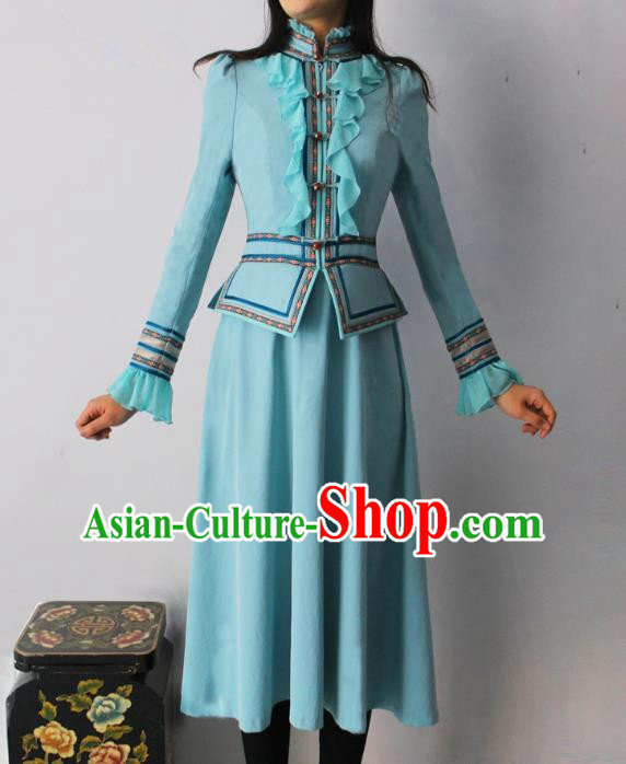 Traditional Chinese Mongol Nationality Dance Costume Blue Dress, Chinese Mongolian Minority Nationality Princess Mongolian Robe for Women