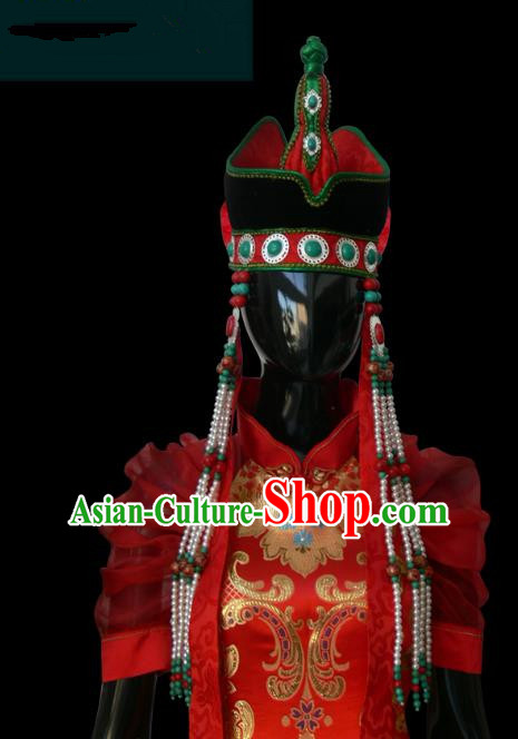 Traditional Chinese Mongol Nationality Bride Hat, Chinese Mongolian Minority Nationality Princess Headwear