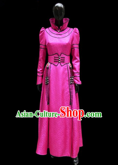 Traditional Chinese Mongol Nationality Dance Costume Rosy Dress, Chinese Mongolian Minority Nationality Princess Mongolian Robe for Women