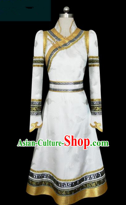 Traditional Chinese Mongol Nationality Dance Costume White Mongolian Robe, Chinese Mongolian Minority Nationality Clothing for Women