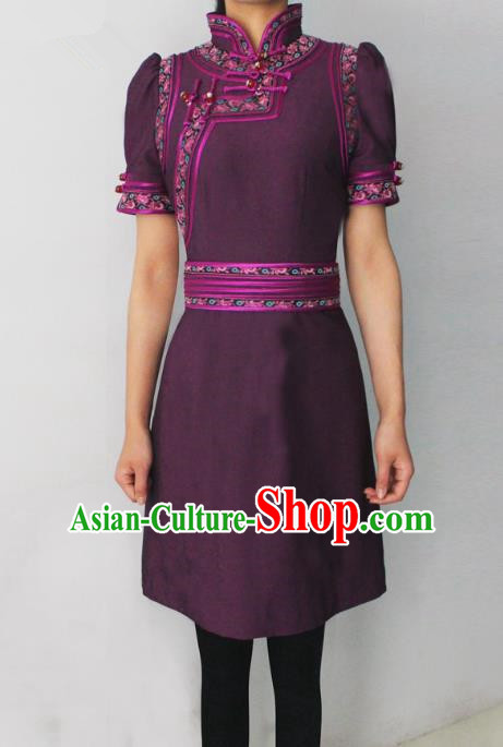 Traditional Chinese Mongol Nationality Dance Costume Purple Short Dress, Chinese Mongolian Minority Nationality Princess Mongolian Robe for Women