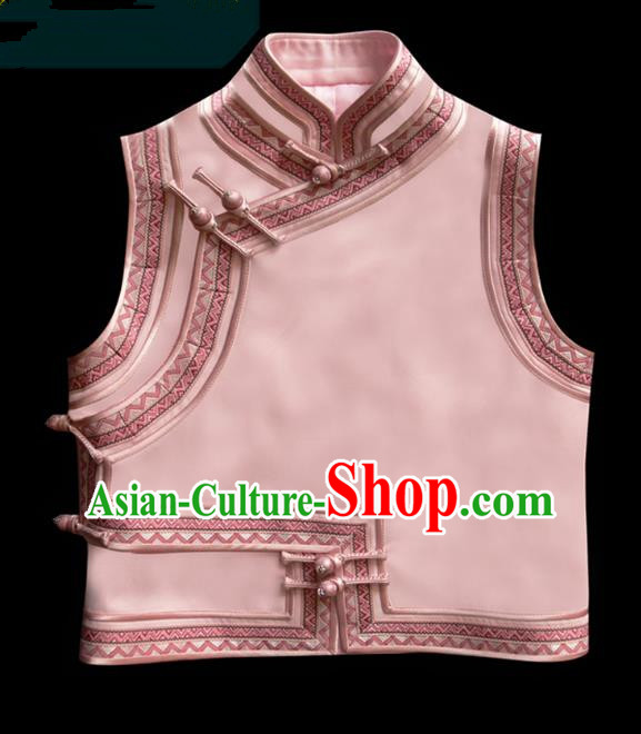 Traditional Chinese Mongol Nationality Dance Costume Pink Vest, Chinese Mongolian Minority Nationality Princess Mongolian Waistcoat for Women