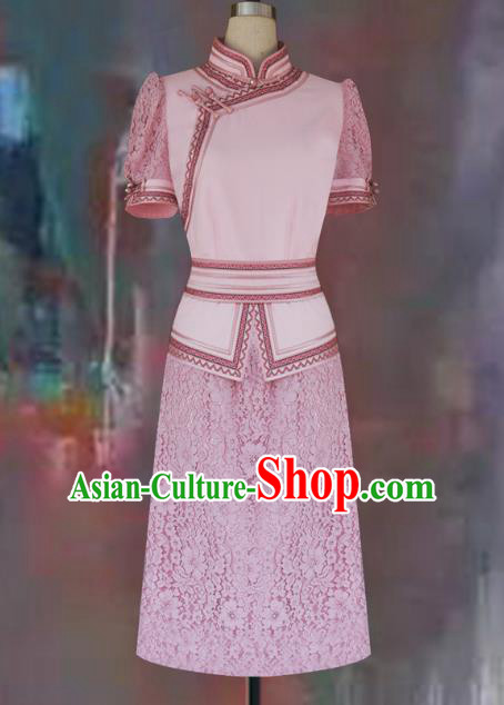 Traditional Chinese Mongol Nationality Dance Costume Pink Short Dress, Chinese Mongolian Minority Nationality Princess Mongolian Robe for Women