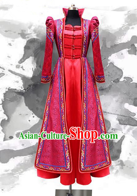 Traditional Chinese Mongol Nationality Bride Wedding Costume, Chinese Mongolian Minority Nationality Wedding Mongolian Robe for Women