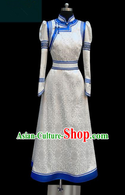 Traditional Chinese Mongol Nationality Costume, Chinese Mongolian Minority Nationality Princess White Mongolian Robe for Women