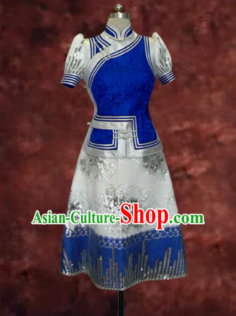 Traditional Chinese Mongol Nationality Costume Blue Short Dress, Chinese Mongolian Minority Nationality Princess Mongolian Robe for Women