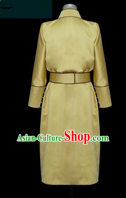 Traditional Chinese Mongol Nationality Costume Yellow Dress, Chinese Mongolian Minority Nationality Princess Mongolian Robe for Women