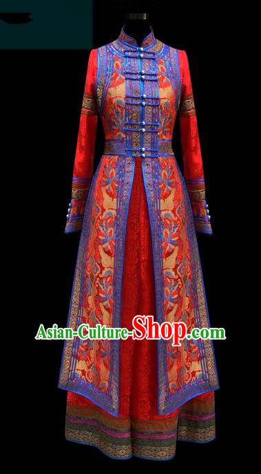 Traditional Chinese Mongol Nationality Costume Wedding Dress, Chinese Mongolian Minority Nationality Princess Bride Red Mongolian Robe for Women