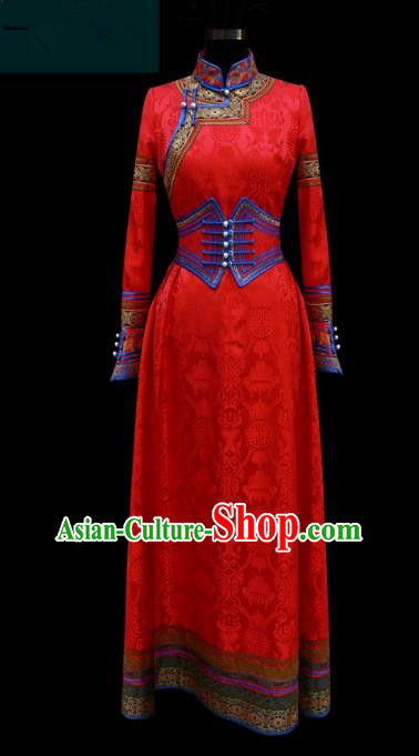 Traditional Chinese Mongol Nationality Costume Wedding Dress, Chinese Mongolian Minority Nationality Princess Bride Red Mongolian Robe for Women