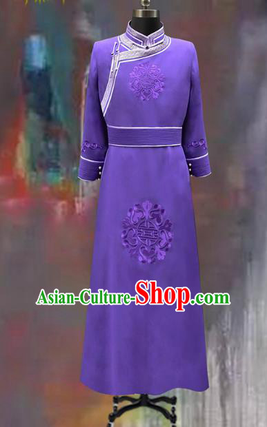 Traditional Chinese Mongol Nationality Costume Wedding Clothing, Chinese Mongolian Minority Nationality Bridegroom Purple Mongolian Robe for Men