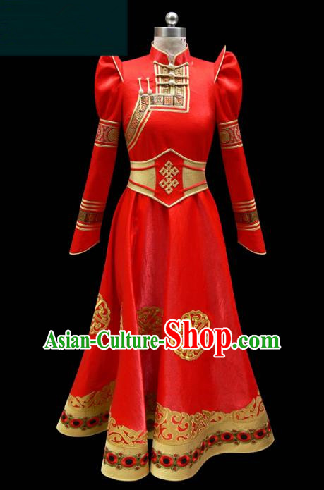 Traditional Chinese Mongol Nationality Costume Queen Wedding Full Dress, Chinese Mongolian Minority Nationality Bride Red Mongolian Robe for Women