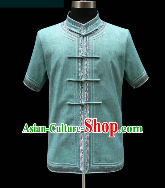 Traditional Chinese Mongol Nationality Costume Green Shirt, Chinese Mongolian Minority Nationality Upper Outer Garment for Men