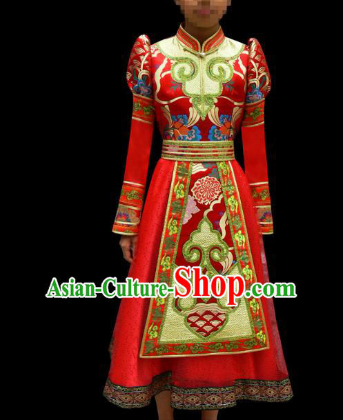 Traditional Chinese Mongol Nationality Costume Children Red Mongolian Robe, Chinese Mongolian Minority Nationality Dance Dress Clothing for Kids