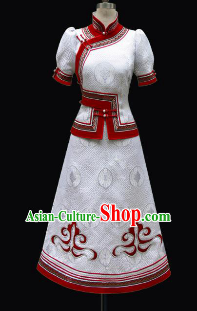 Traditional Chinese Mongol Nationality Costume Princess White Mongolian Robe, Chinese Mongolian Minority Nationality Dance Dress Clothing for Women