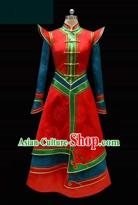 Traditional Chinese Mongol Nationality Costume Princess Red Mongolian Robe, Chinese Mongolian Minority Nationality Wedding Dress Clothing for Women