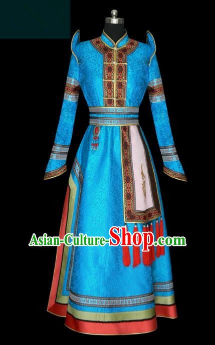 Traditional Chinese Mongol Nationality Costume Princess Blue Mongolian Robe, Chinese Mongolian Minority Nationality Wedding Dress Clothing for Women