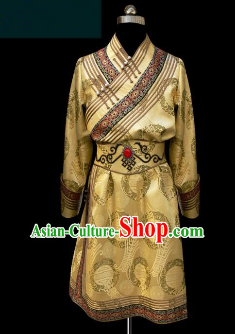 Traditional Chinese Mongol Nationality Costume Golden Mongolian Robe, Chinese Mongolian Minority Nationality Clothing for Men