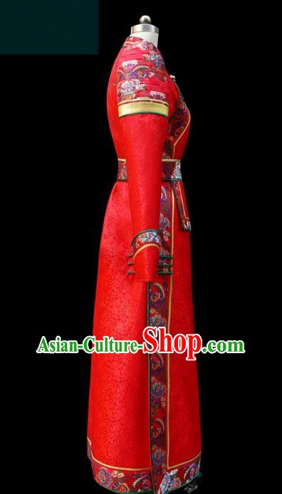 Traditional Chinese Mongol Nationality Costume Red Dress Wedding Mongolian Robe, Chinese Mongolian Minority Nationality Dance Clothing for Women