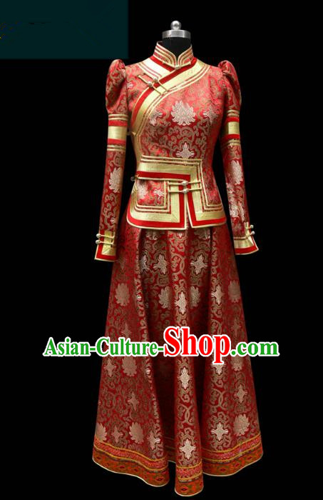 Traditional Chinese Mongol Nationality Costume Red Dress Wedding Bride Mongolian Robe, Chinese Mongolian Minority Dance Clothing for Women