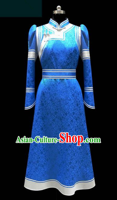 Traditional Chinese Mongol Nationality Costume Blue Dress Wedding Bride Mongolian Robe, Chinese Mongolian Minority Dance Clothing for Women