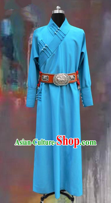 Traditional Chinese Mongol Nationality Dance Costume Blue Mongolian Robe, Chinese Mongolian Minority Nationality Royal Highness Embroidery Costume for Men