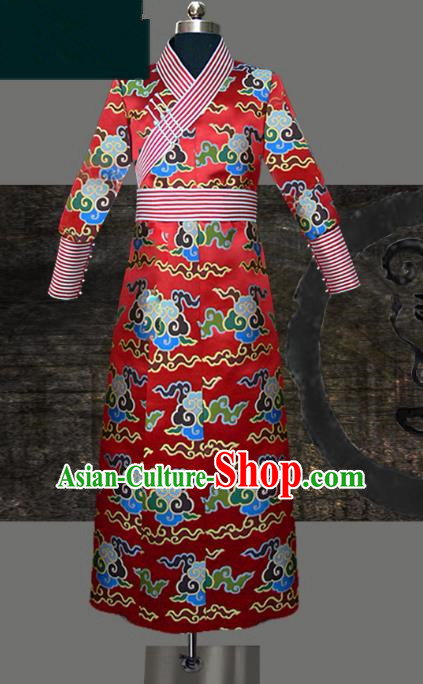 Traditional Chinese Mongol Nationality Dance Costume Red Wedding Mongolian Robe, Chinese Mongolian Minority Nationality Royal Highness Embroidery Costume for Men