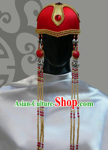 Traditional Chinese Mongol Nationality Princess Hat, Chinese Mongolian Minority Nationality Beads Tassel Headwear for Women