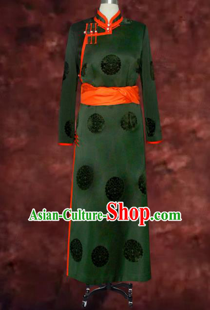 Traditional Chinese Mongol Nationality Costume Green Mongolian Robe, Chinese Mongolian Minority Nationality Clothing for Men