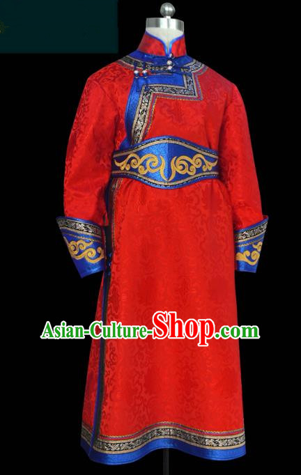 Traditional Chinese Mongol Nationality Costume Red Mongolian Robe, Chinese Mongolian Minority Nationality Clothing for Men