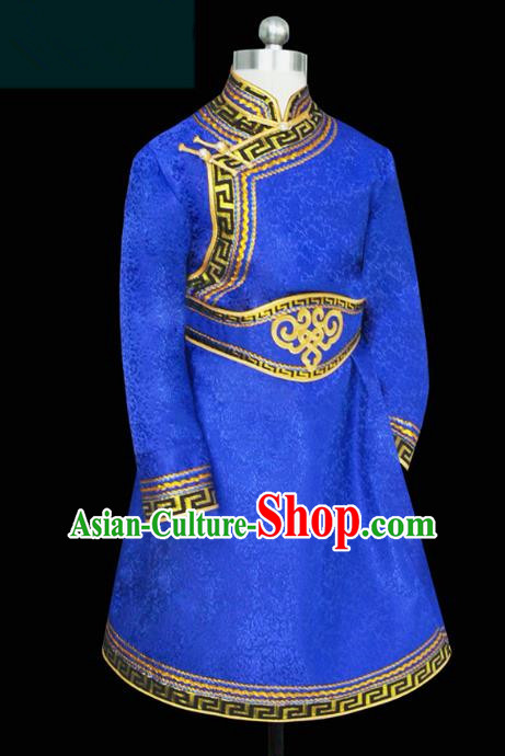 Traditional Chinese Mongol Nationality Costume Blue Mongolian Robe, Chinese Mongolian Minority Nationality Clothing for Men