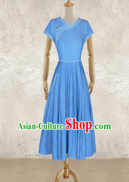 Traditional Chinese National Costume Elegant Hanfu Blue Long Dress, China Tang Suit Plated Buttons Chirpaur Cheongsam Qipao for Women