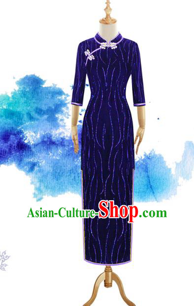 Traditional Chinese National Costume Elegant Hanfu Purple Velvet Dress, China Tang Suit Plated Buttons Chirpaur Cheongsam Qipao for Women
