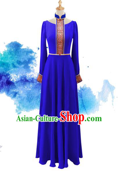 Traditional Chinese National Costume Elegant Hanfu Blue Long Dress, China Tang Suit Plated Buttons Chirpaur Cheongsam Qipao for Women