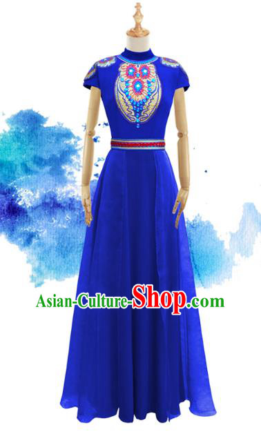 Traditional Chinese National Costume Elegant Hanfu Blue Mongolia Dress, China Tang Suit Plated Buttons Chirpaur Cheongsam Qipao for Women