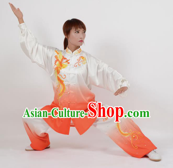 Top Kung Fu Costume Martial Arts Costume Kung Fu Training Orange Uniform, Gongfu Shaolin Wushu Embroidery Phoenix Tai Ji Clothing for Women