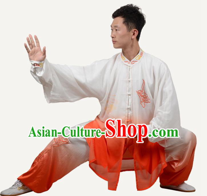 Top Kung Fu Costume Martial Arts Costume Kung Fu Training Orange Three-Piece Uniform, Gongfu Shaolin Wushu Embroidery Tai Ji Clothing for Men