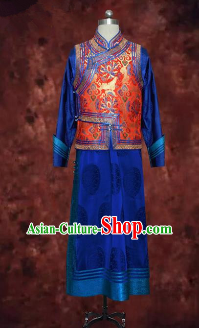 Traditional Chinese Mongol Nationality Dance Costume Mongolian Robe, Chinese Mongolian Minority Nationality Royal Highness Embroidery Costume for Men