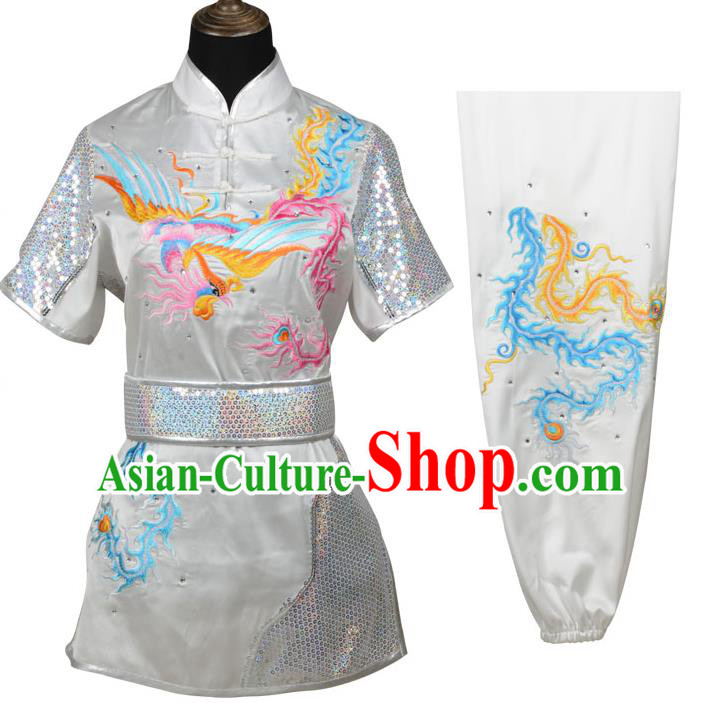 Top Kung Fu Costume Martial Arts Costume Kung Fu Training White Uniform, Gongfu Shaolin Wushu Embroidery Dragon and Phoenix Tai Ji Clothing for Women