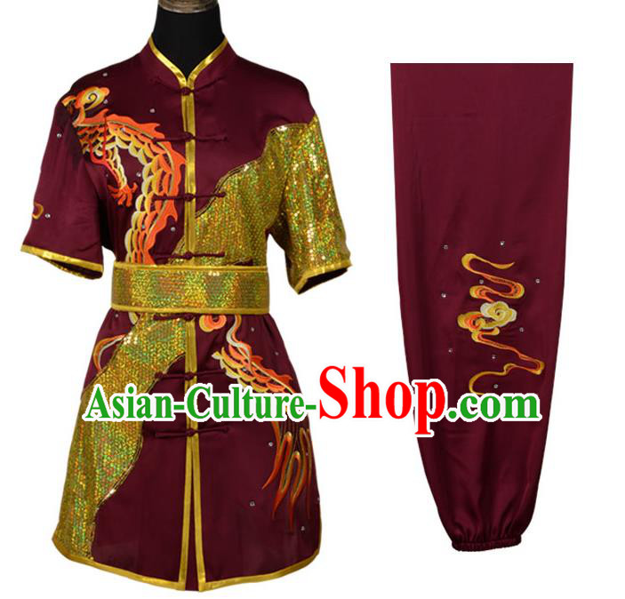 Top Kung Fu Costume Martial Arts Costume Kung Fu Training Dark Red Uniform, Gongfu Shaolin Wushu Embroidery Dragon Tai Ji Clothing for Women