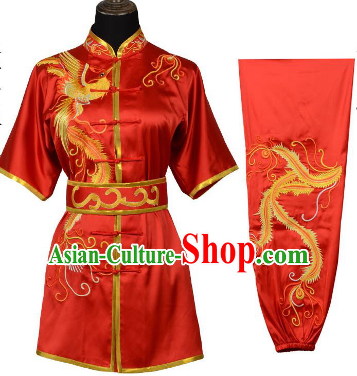 Top Kung Fu Costume Martial Arts Costume Kung Fu Training Red Uniform, Gongfu Shaolin Wushu Embroidery Phoenix Tai Ji Clothing for Women