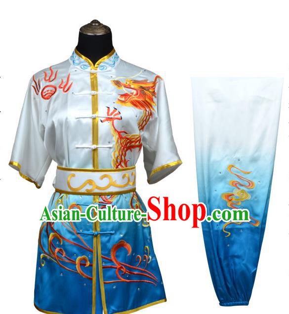 Top Kung Fu Costume Martial Arts Costume Kung Fu Training Blue Uniform, Gongfu Shaolin Wushu Embroidery Dragon Tai Ji Clothing for Women