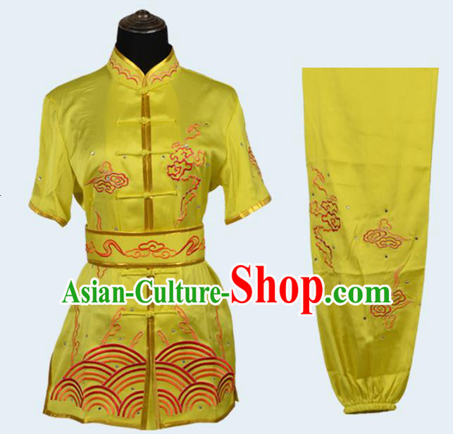 Top Kung Fu Costume Martial Arts Costume Kung Fu Training Yellow Uniform, Gongfu Shaolin Wushu Embroidery Tai Ji Clothing for Women