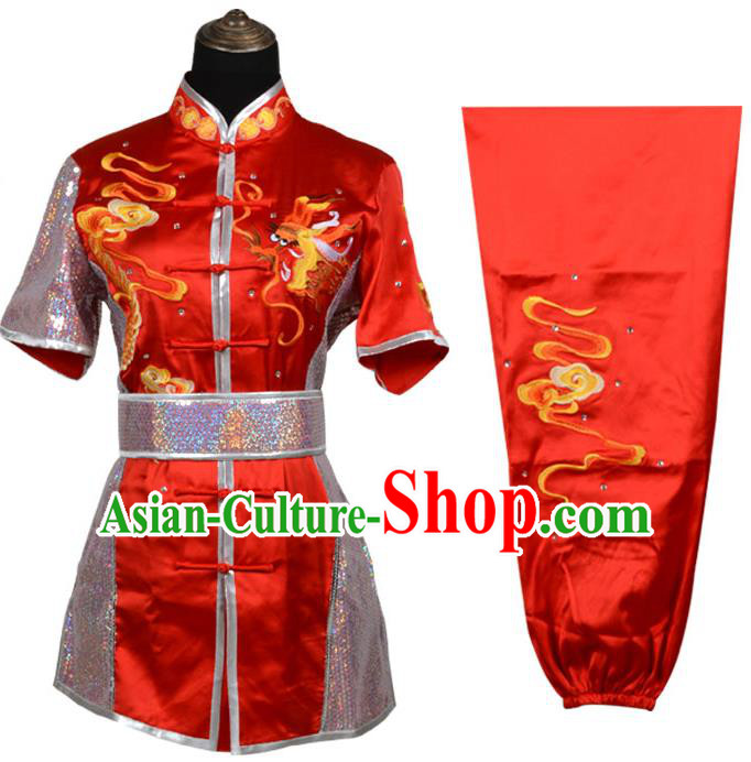 Top Kung Fu Costume Martial Arts Costume Kung Fu Training Red Rhinestone Uniform, Gongfu Shaolin Wushu Embroidery Tai Ji Clothing for Women