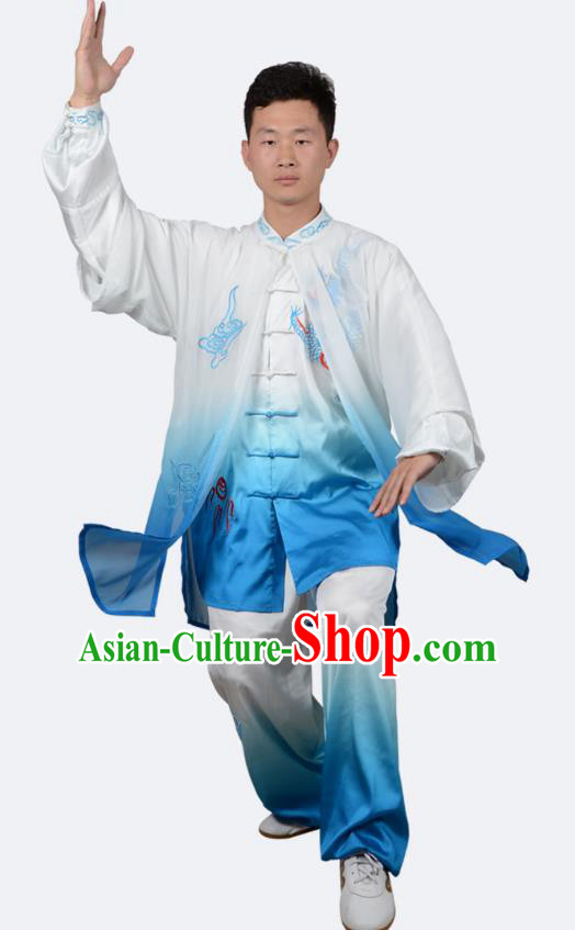Top Kung Fu Costume Martial Arts Costume Kung Fu Training Blue Uniform, Gongfu Shaolin Wushu Embroidery Dragon Tai Ji Clothing for Women for Men